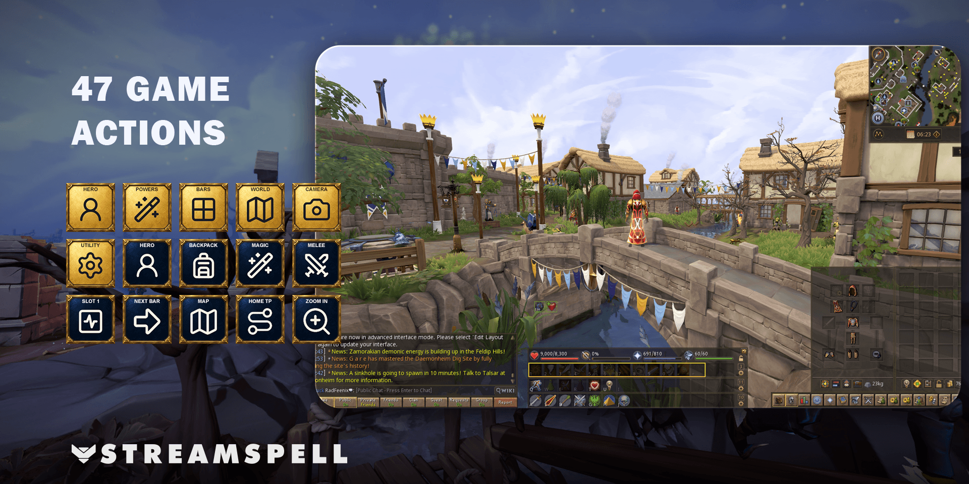 RuneScape gameplay beside gold and midnight-blue icons for Hero, Powers, Bars, World, Camera and Utility shortcuts