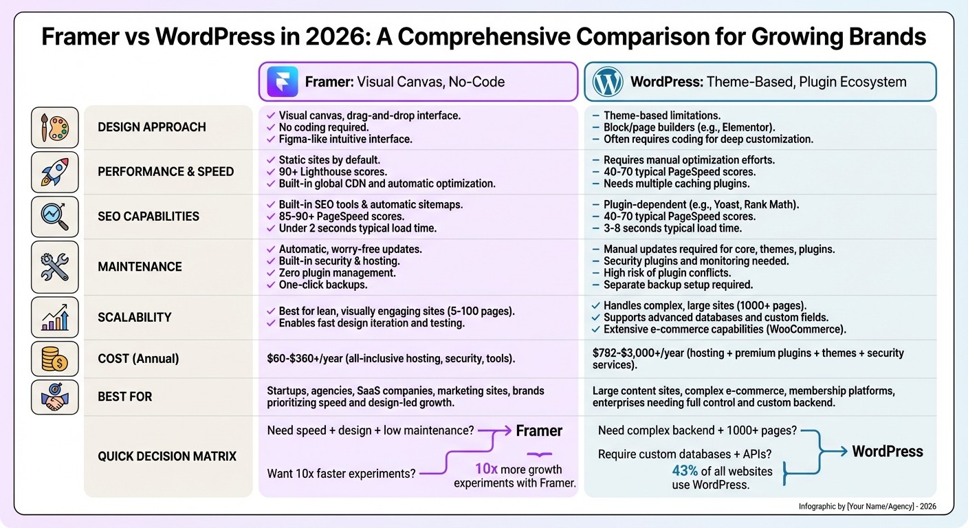Framer vs WordPress 2026: Complete Feature Comparison for Growing Brands