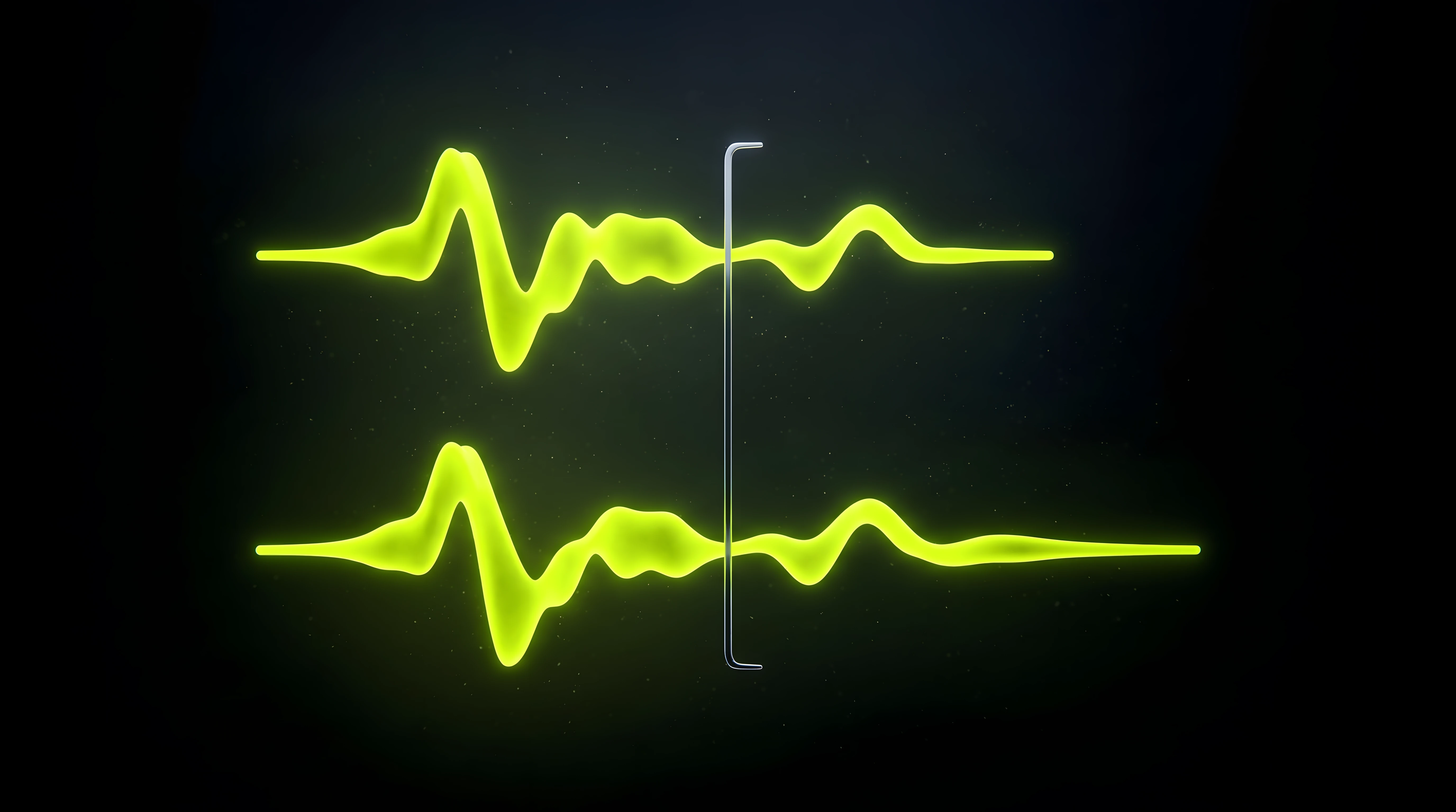 Two nearly identical toxic lime waveforms stacked on deep void black, the lower one subtly altered, joined by a thin liquid chrome bracket marking the difference between an approved sound logo and its revision.