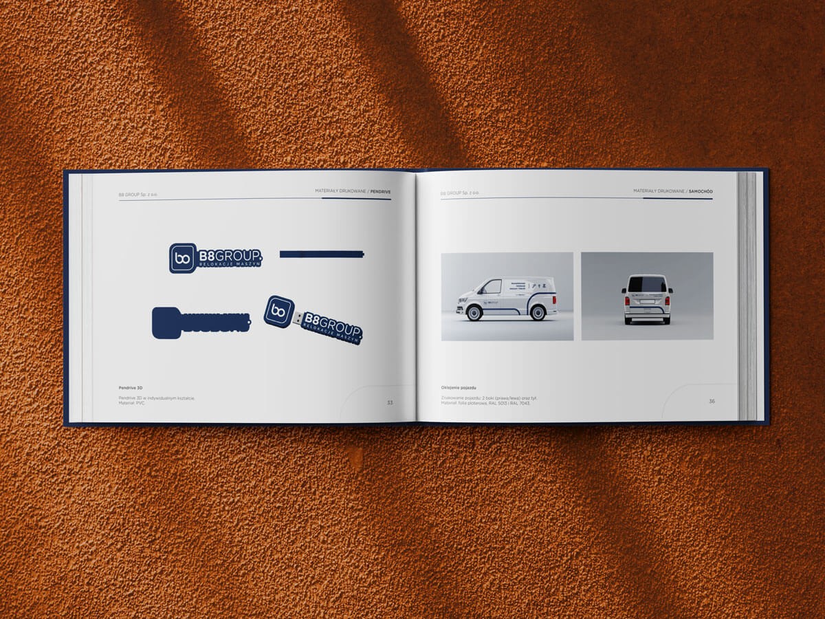 Obrandowanie samochodów firmowych oraz gadżetów reklamowych w ramach identyfikacji wizualnej B8GROUP. Praktyczne zastosowanie logo budujące silny wizerunek marki w przestrzeni publicznej.