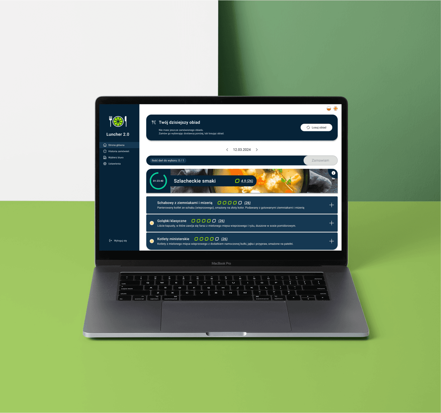 Aplikacja Luncher wykonana dla Codilime pokazana na laptopie