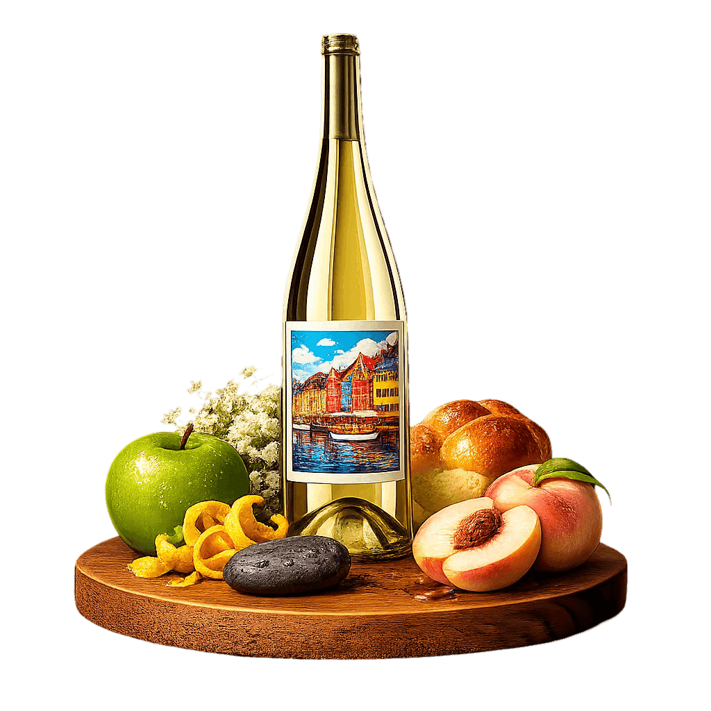 Artistic label and flavor profile for Danish Sparkling White on a rustic wooden table.