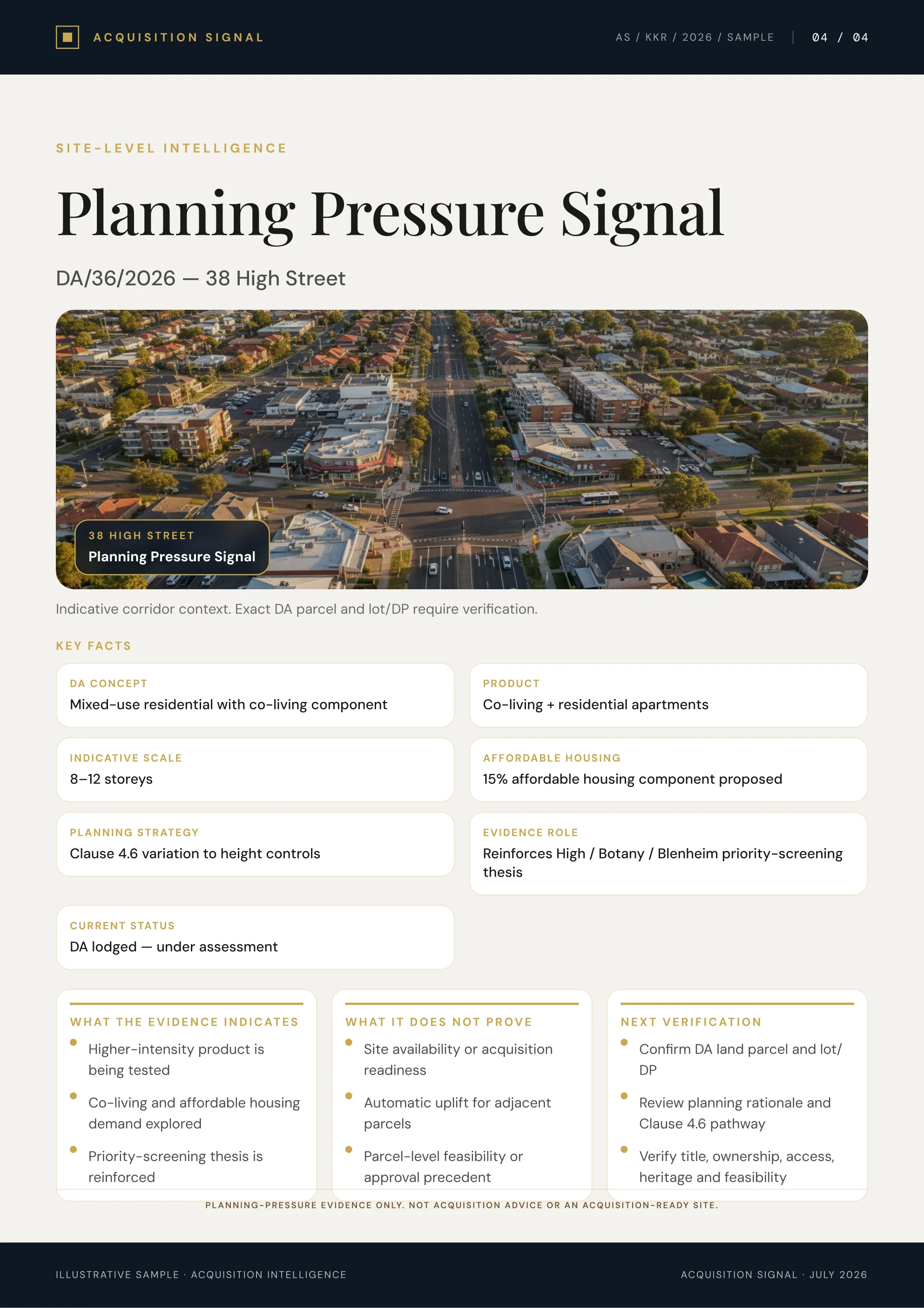 Planning pressure signal example for High Street showing development evidence and verification requirements