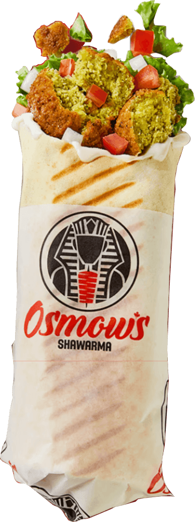 Osmow's shawarma wrap in branded paper packaging standing upright