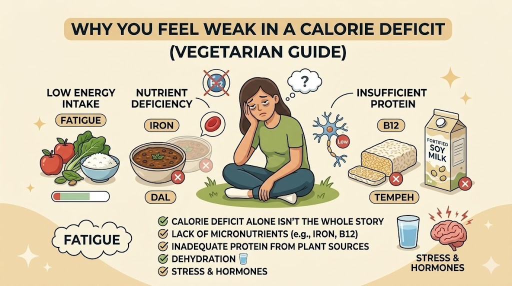 An infographic illustrating why vegetarians might feel weak or fatigued in a calorie deficit. It shows a tired woman and links the feelings to low energy intake, nutrient deficiencies like Iron and Vitamin B12, insufficient protein, and stress. It lists four key points and includes icons for Dal, Tempeh, and Fortified Soy Milk.