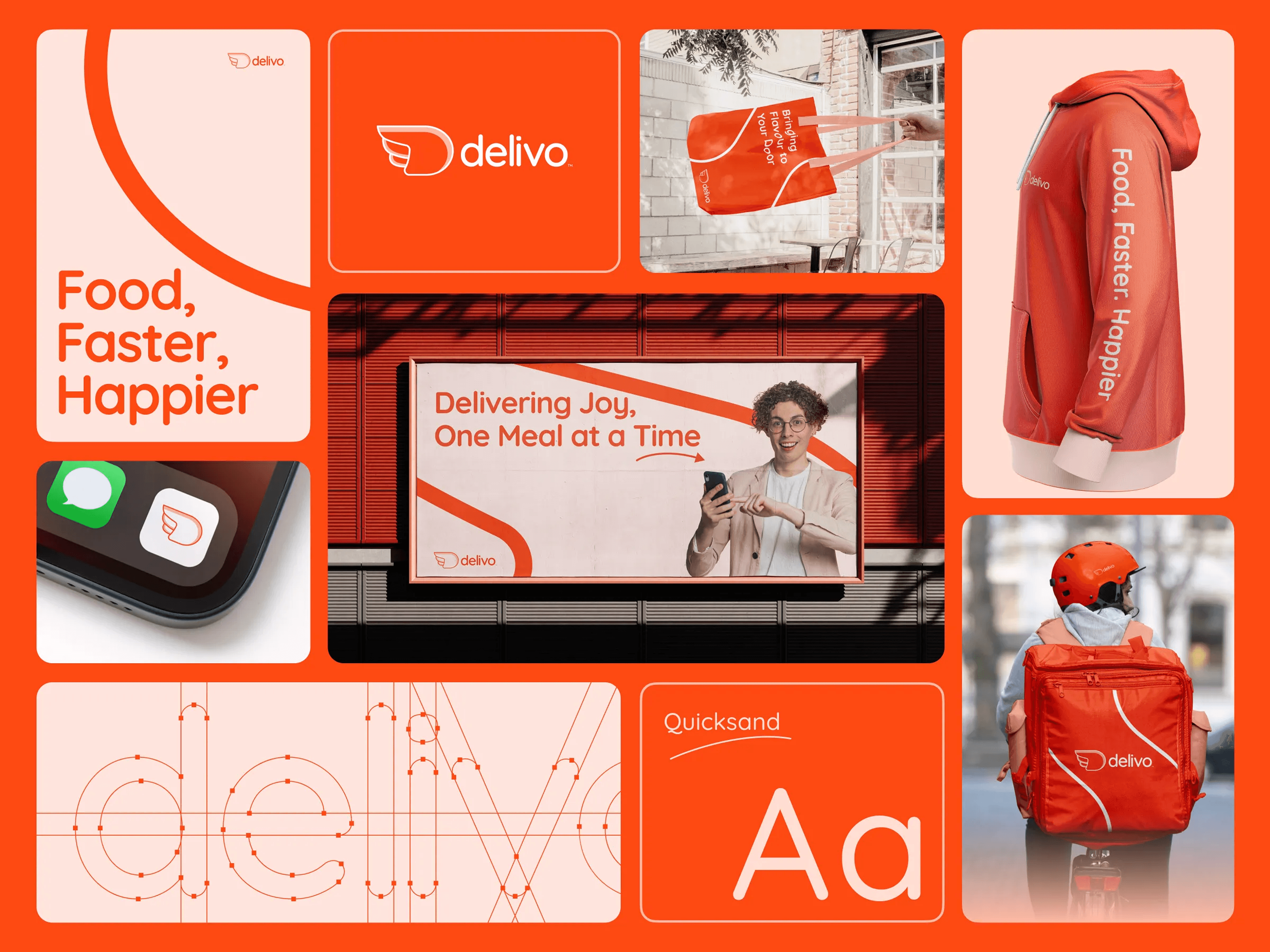 Branding collage for 'delivo' food delivery, featuring logo, slogan, merchandise, and app design.