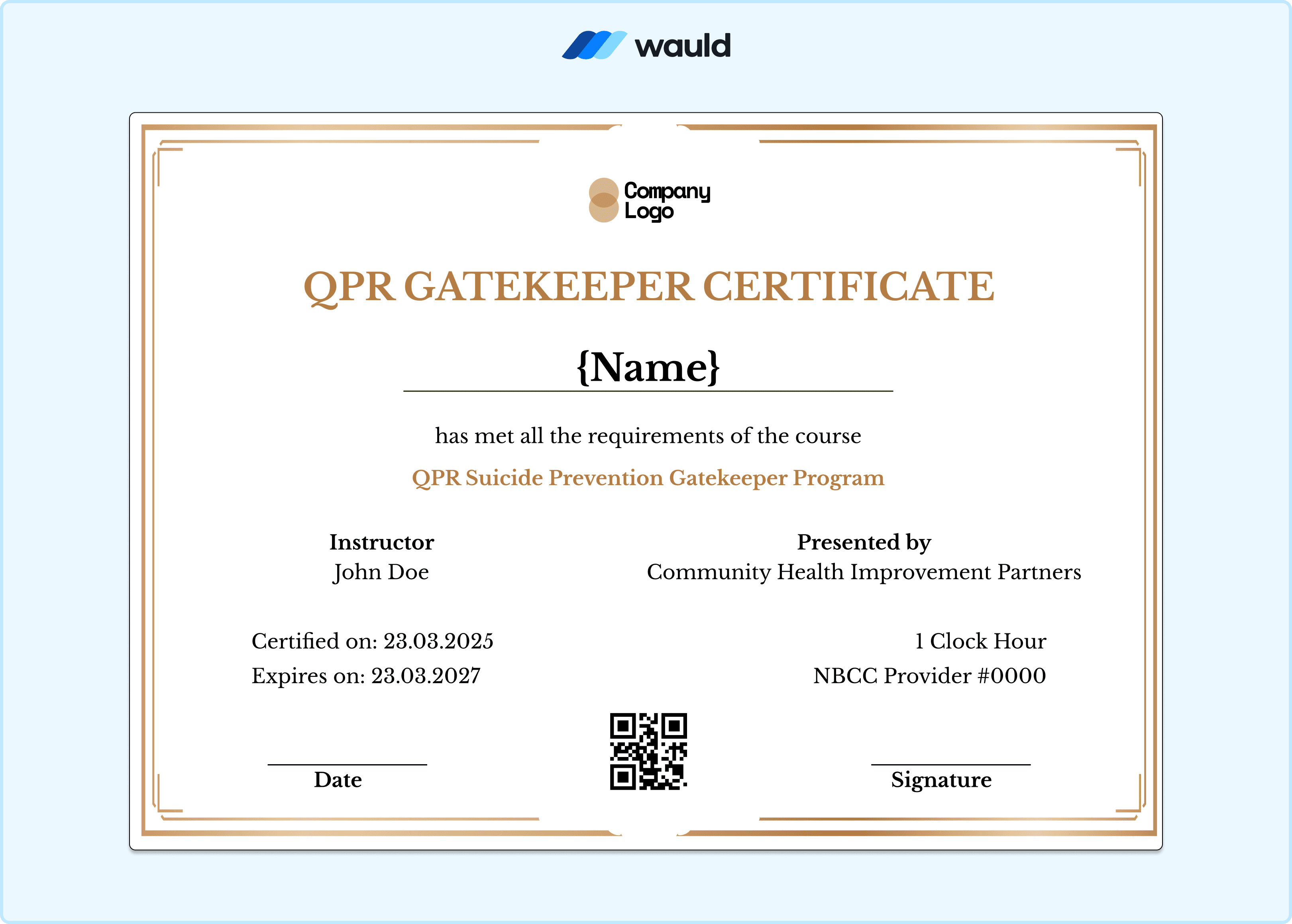 Warm gold typography QPR Gatekeeper certificate template with clean white layout, recipient name field, instructor credentials, Community Health Improvement Partners details, certified date, expiry date, NBCC Provider number, QR code, and signature line