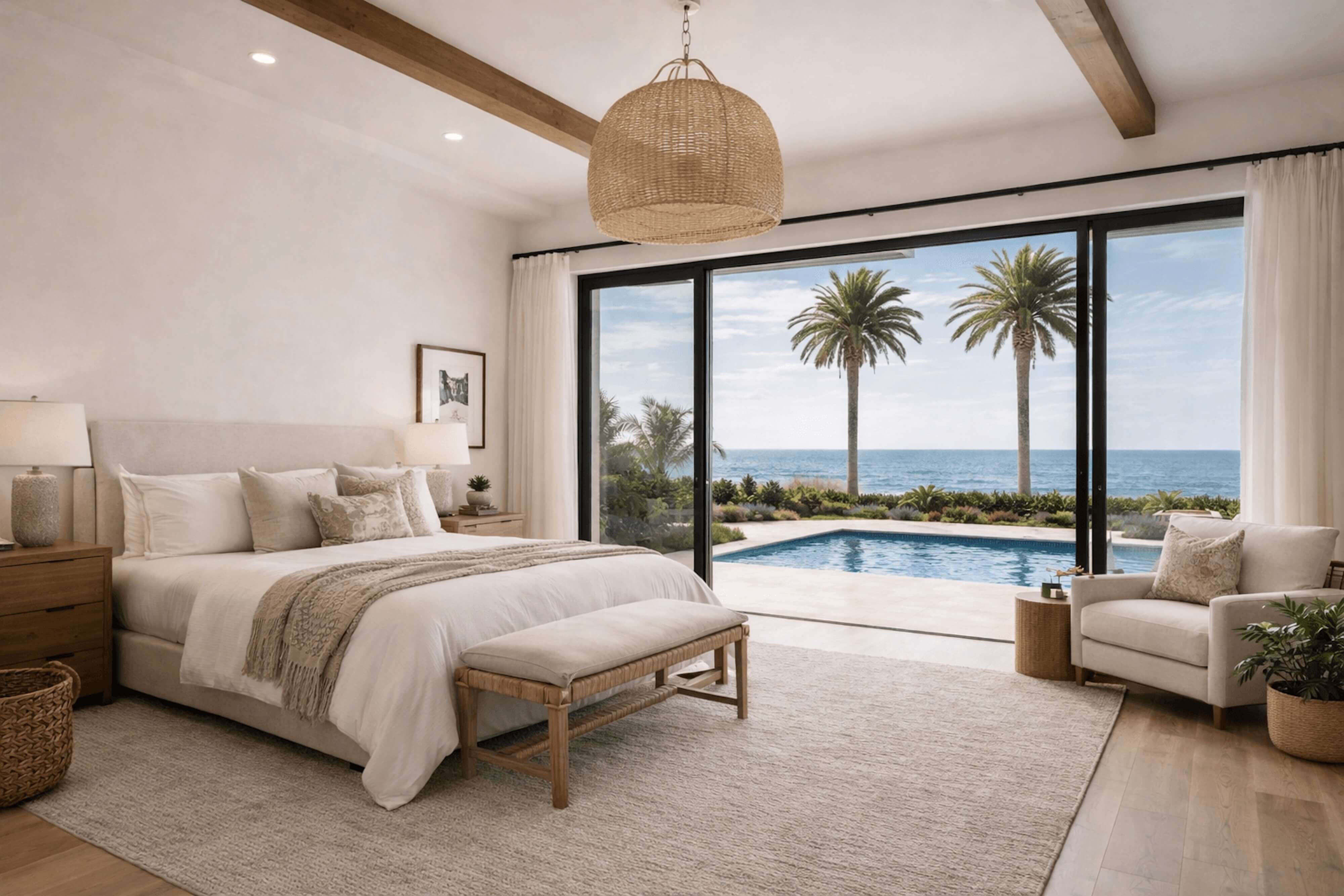 Serene primary bedroom with soft neutral tones, woven textures, and floor-to-ceiling glass overlooking the ocean and pool.