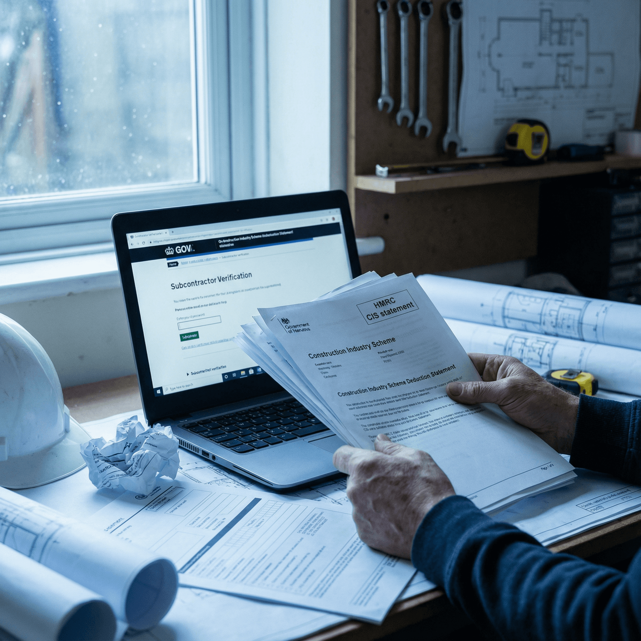 A professional woman with short dark hair wearing a beige blouse stands in a busy office.