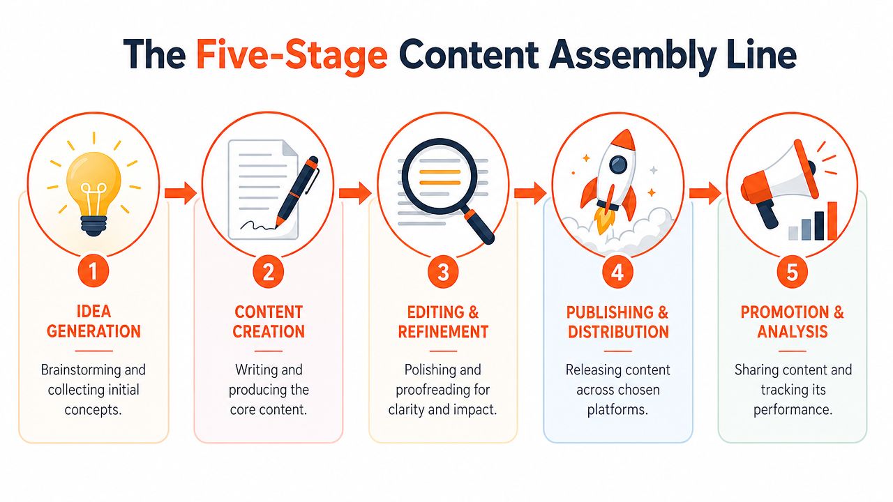 A diagram illustrating a five-stage content production workflow from initial idea generation to promotion and performance analysis.