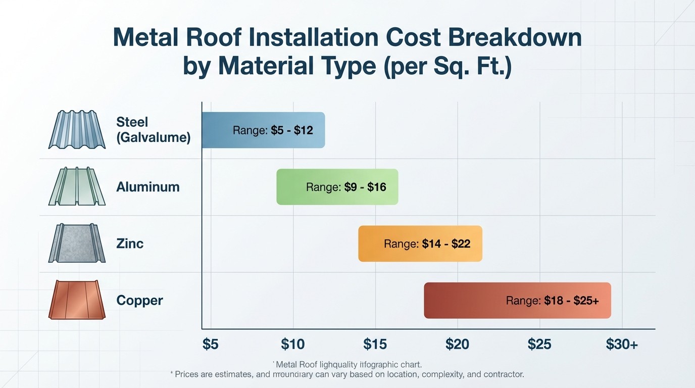Metal roof installation cost comparison chart by material type