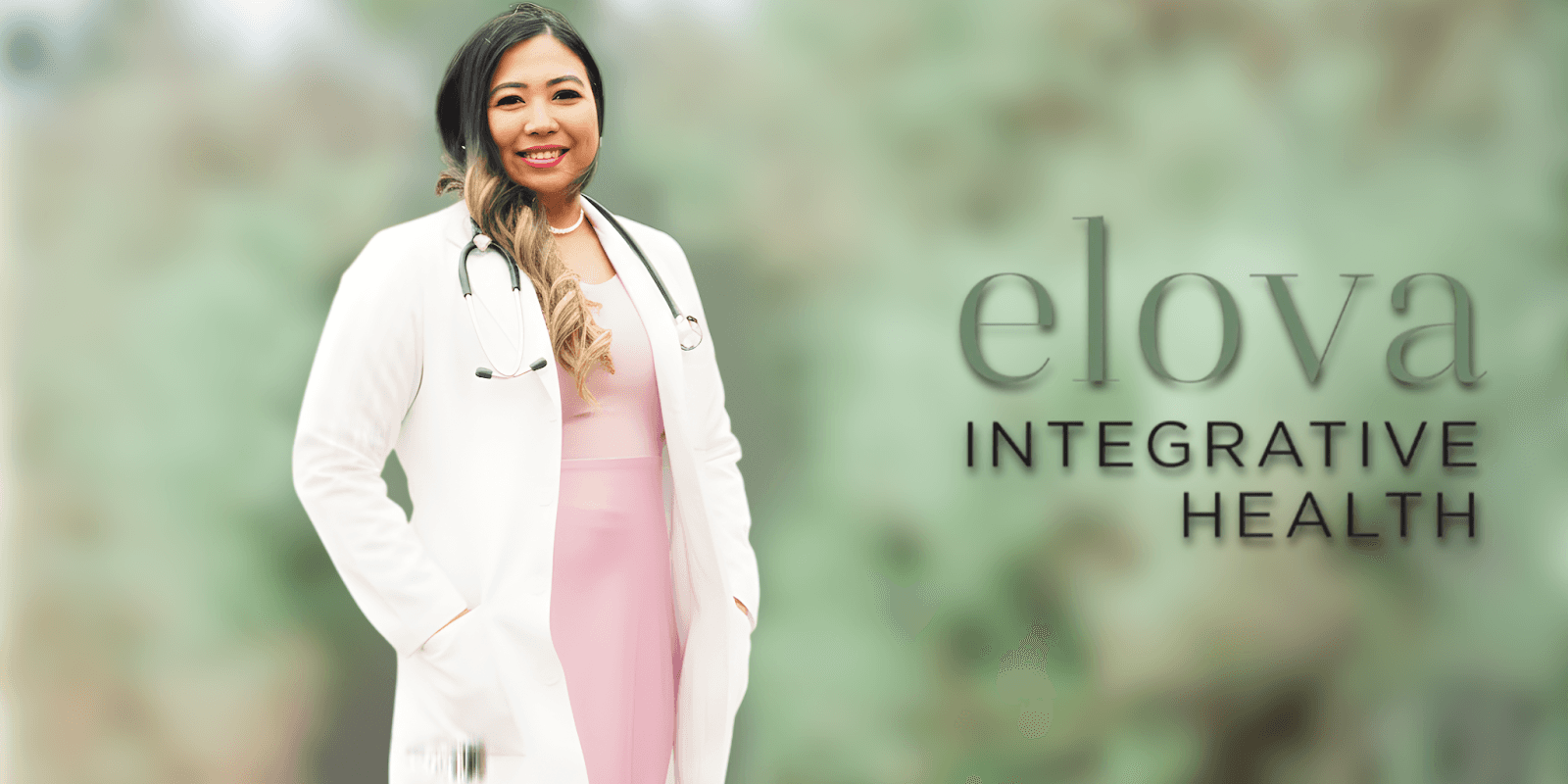 Kaye Nobleza Toranzo, Board Certified Nurse Practitioner and Certified Functional Medicine Provider, stands in front of Elova Integrative Health logo.