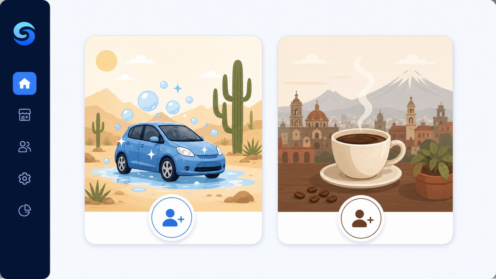 Una interfaz de usuario que muestra dos tarjetas con ilustraciones de un coche y café