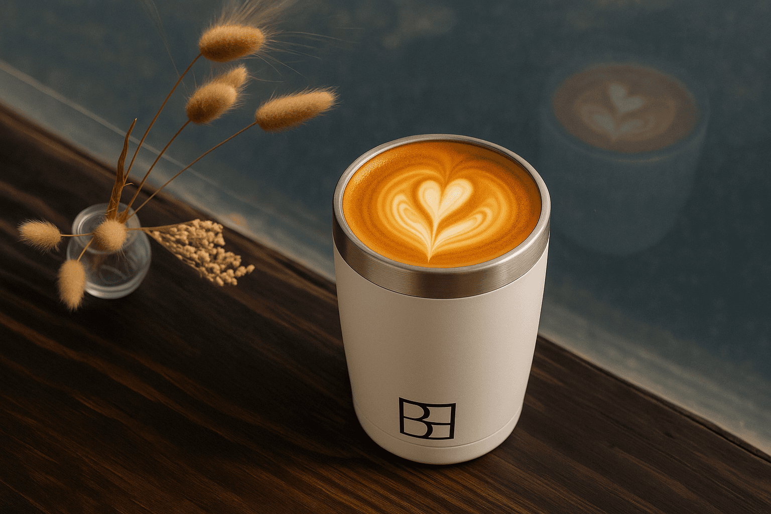 Bel Horizon Thermobecher mit Latte Art auf dunklem Holztisch neben Trockenblumen