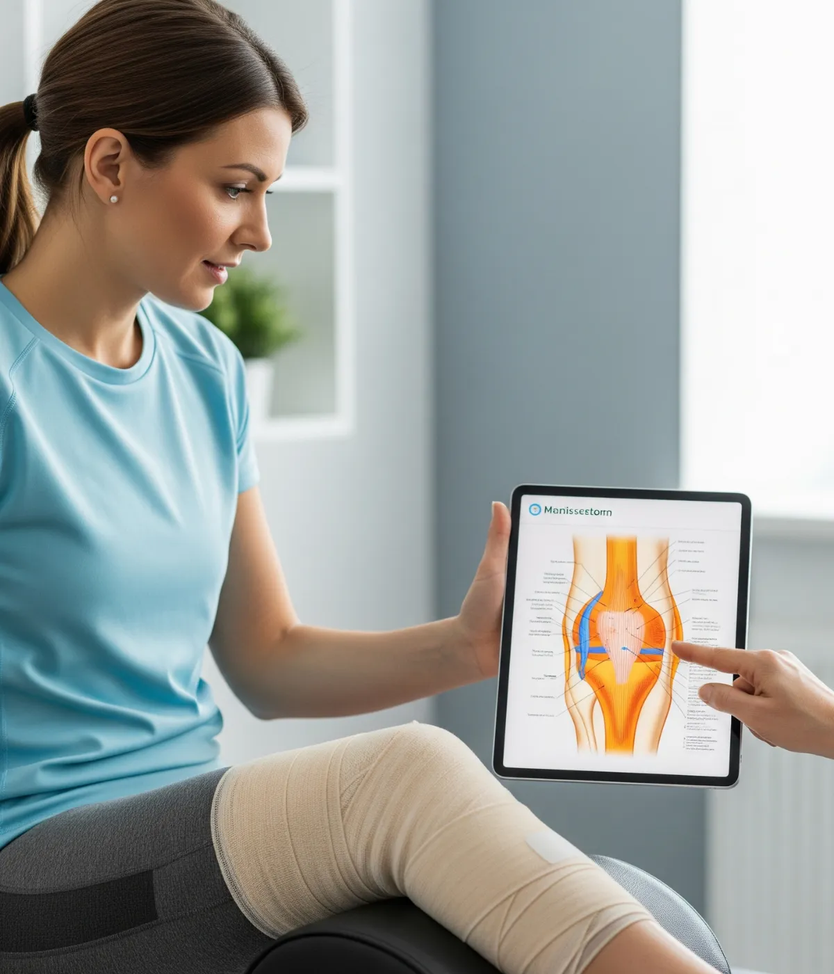 Explaining the site of meniscectomy to a patient.