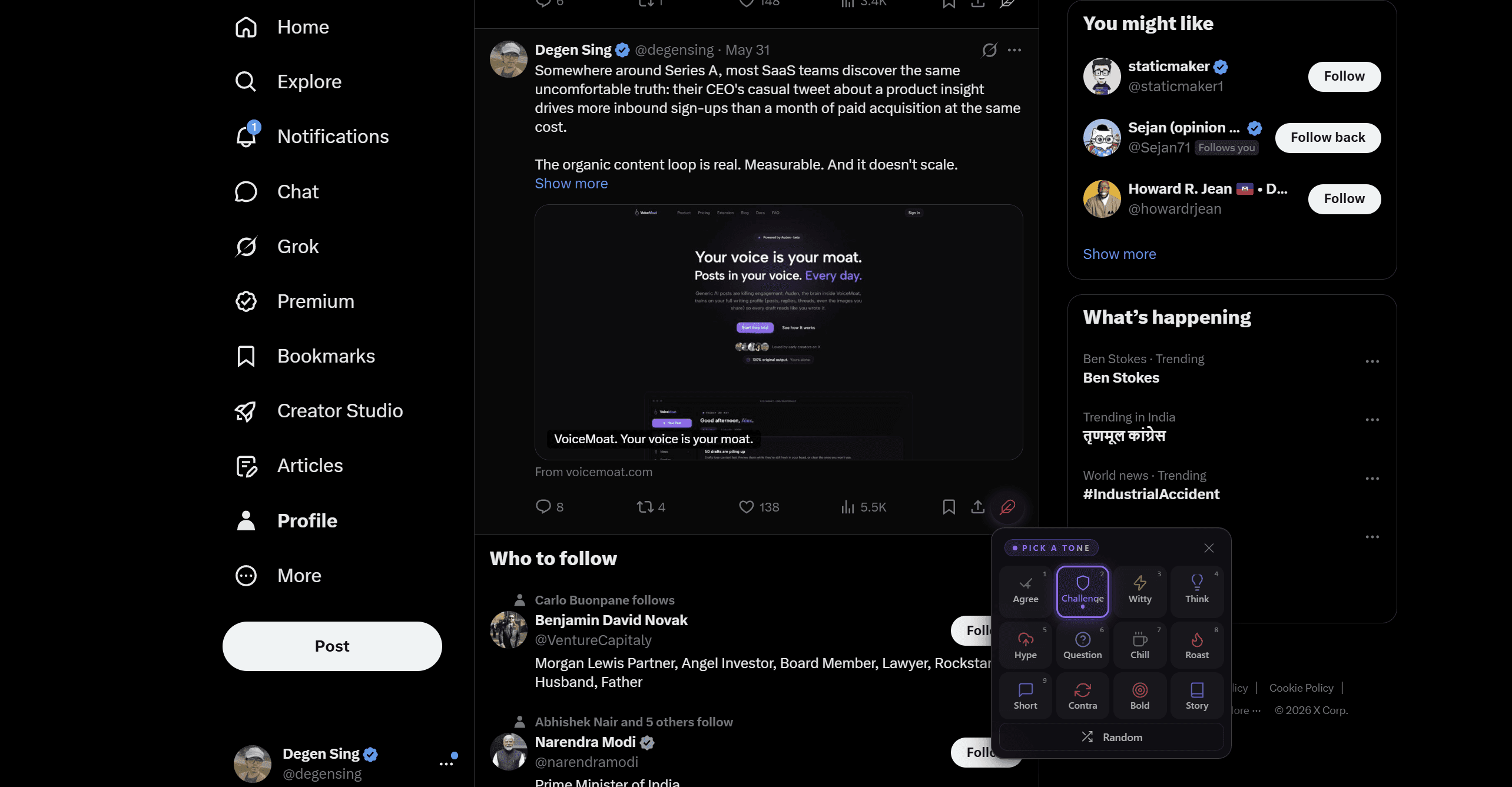The VoiceMoat Chrome extension on x.com with the 12-tone reply picker open