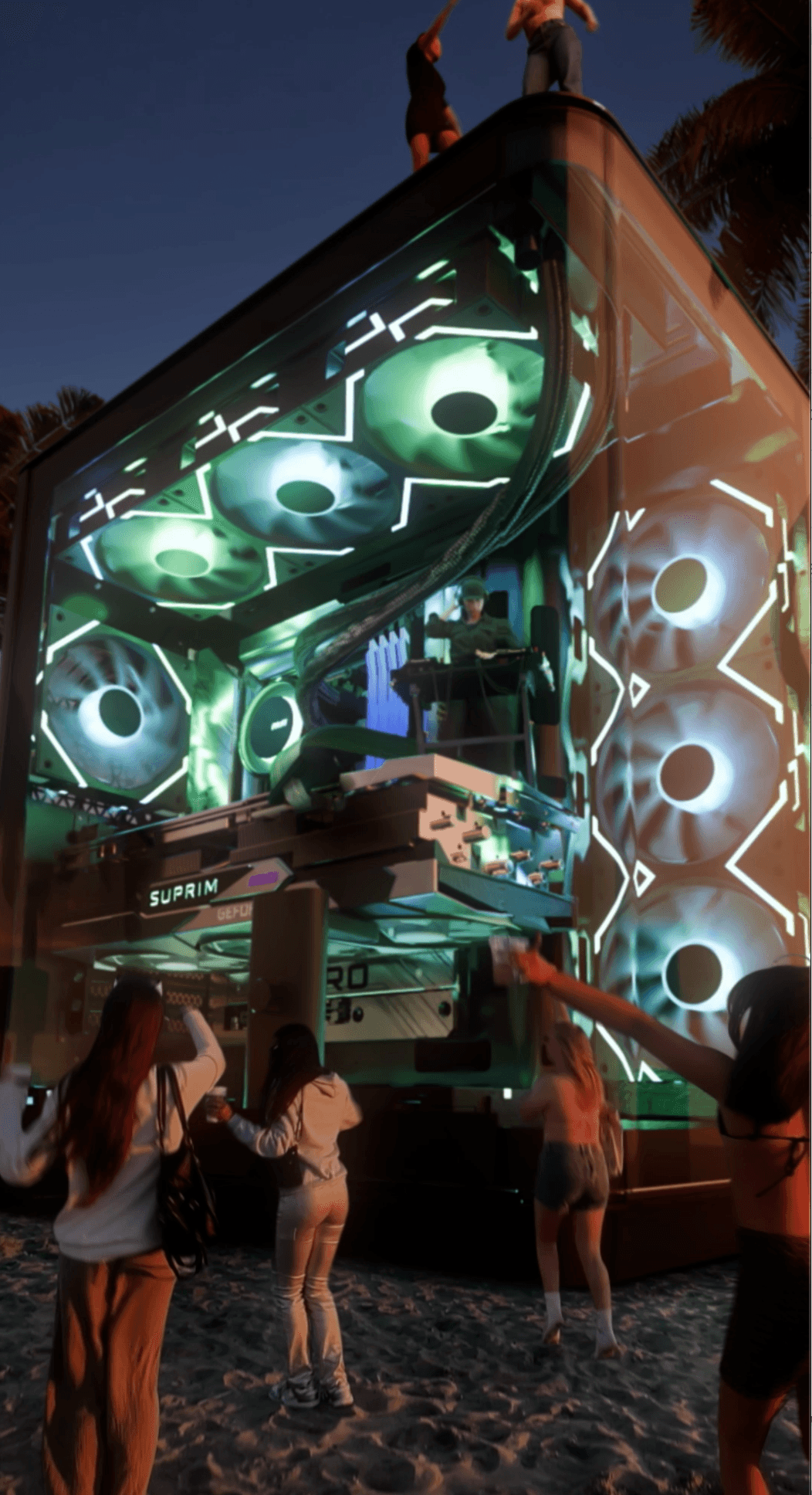 A giant MSI gaming PC building with glowing fans serves as a DJ booth at a night event