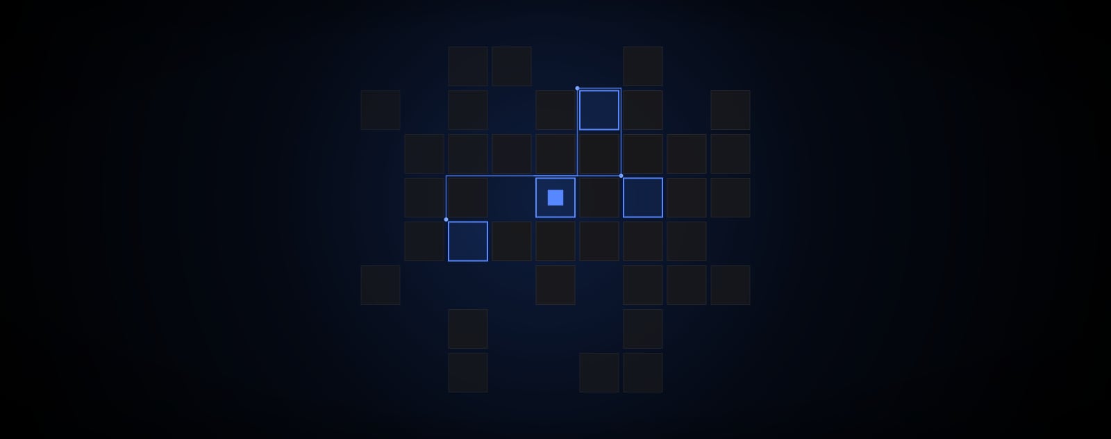 Connected blue squares on a dark grid background