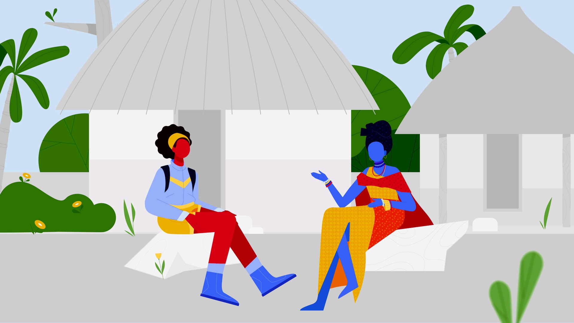 Flat illustration of two people sitting and talking outdoors near simple houses and tropical plants