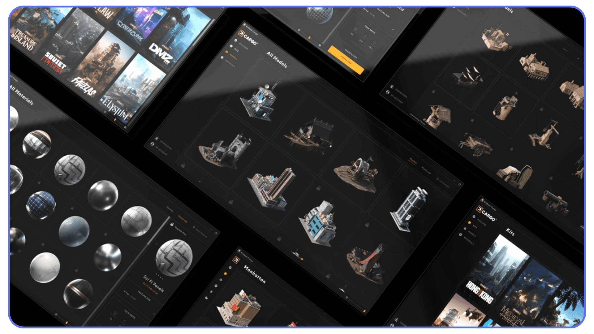 Cinema 4D asset library interface displaying a collection of 3D models and materials in a grid layout
