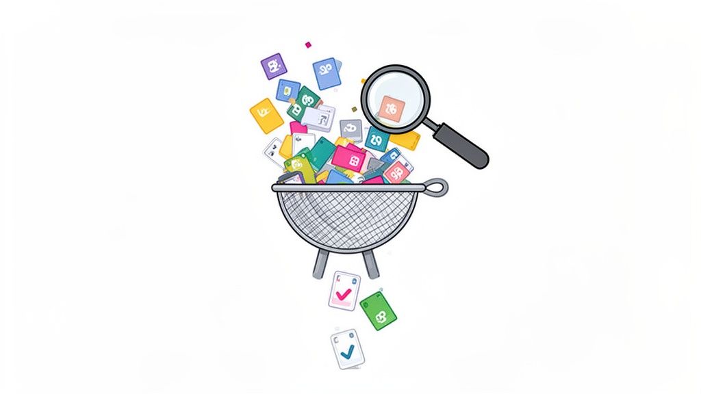 Colorful data cards are sorted through a sieve, with a magnifying glass inspecting one, symbolizing data migration.