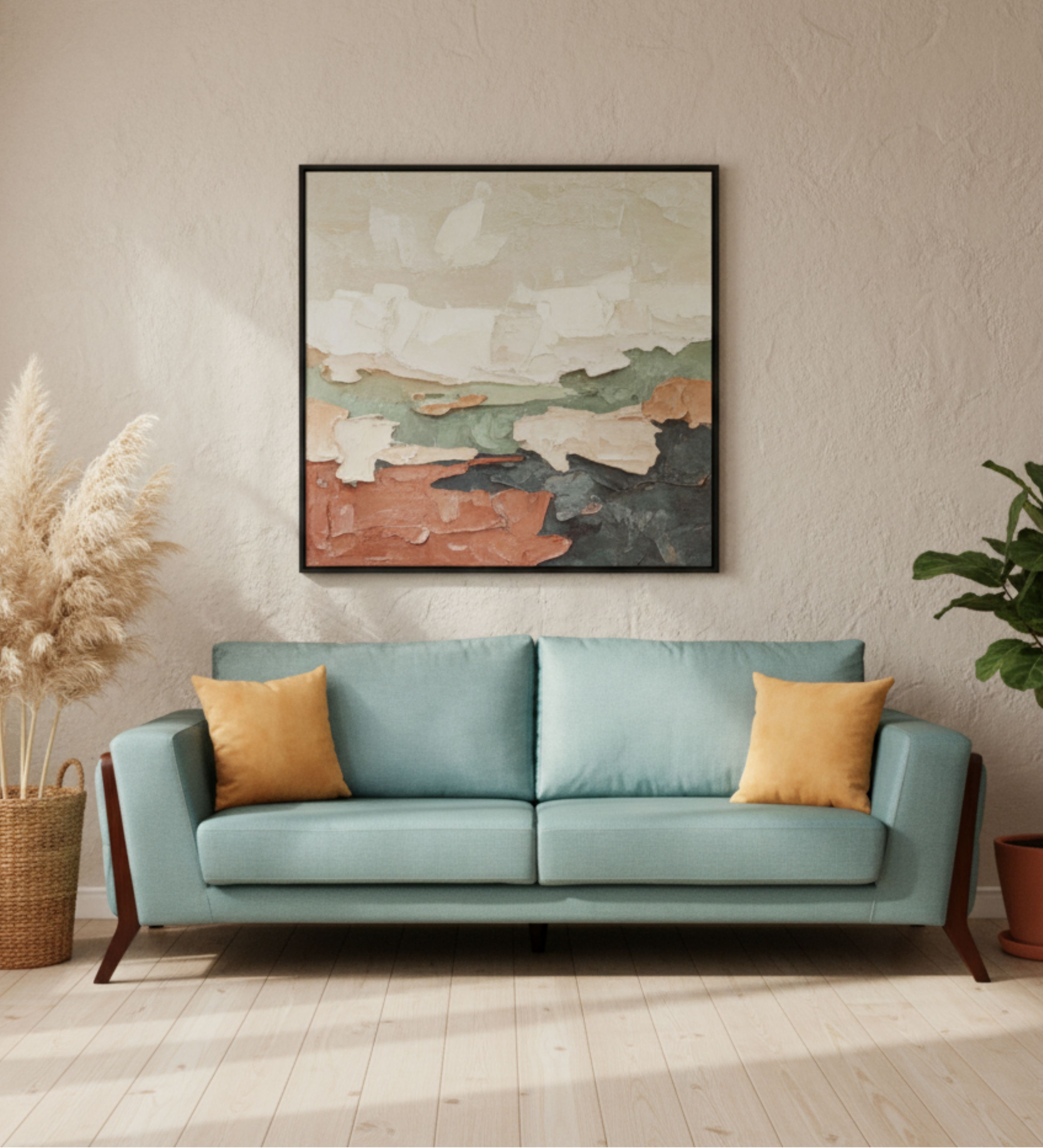 Sea‑green upholstered seating with straight cushions, sloped wooden legs, and contrast accent pillows