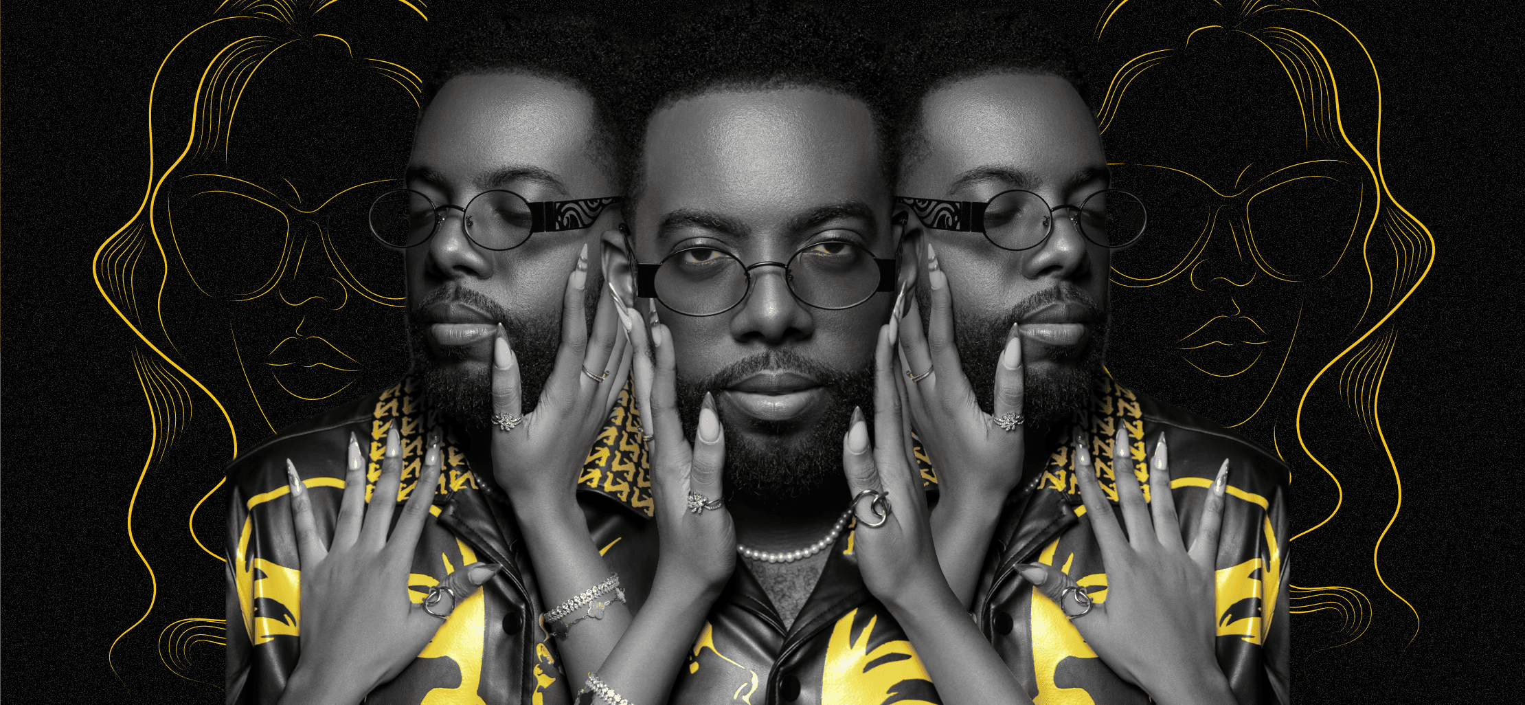 Three men with glasses, hands on faces, neon outlines in background.