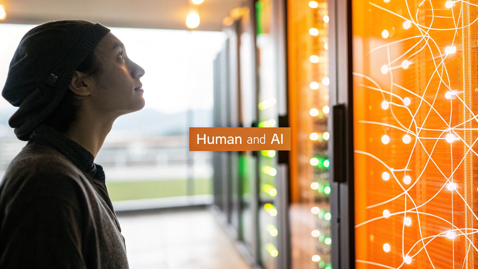 Person in a beanie looking up, with a background of glowing server lights and AI network graphics.