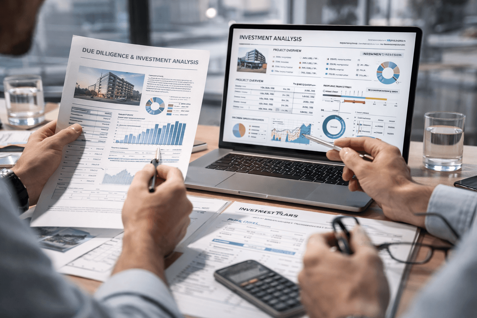 Calculator and glasses on colorful papers