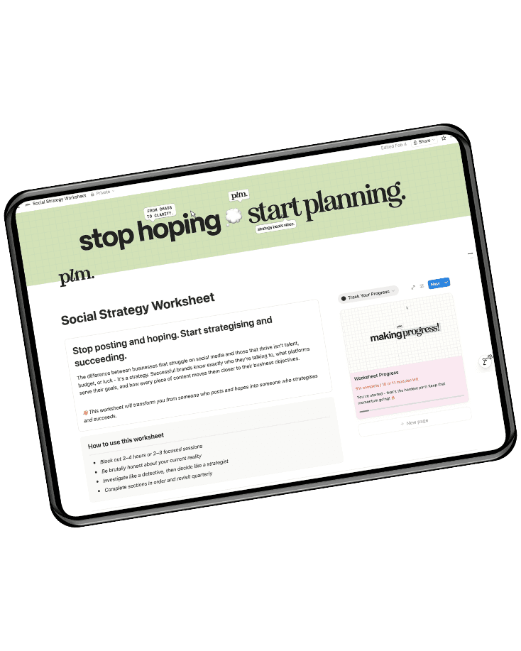 iPad mockup showing a Notion social strategy worksheet