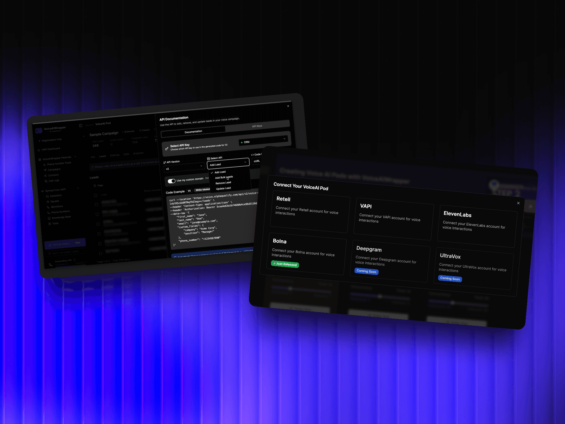 Retail AI connect with third party systems using API and webhook - VoiceAIWrapper developer interface showing API documentation, code examples, and voice AI pod connections to Retell, VAPI, Bolna, Deepgram, ElevenLabs, and UltraVox with automation integrations for n8n, Make, and Zapier | VoiceAIWrapper