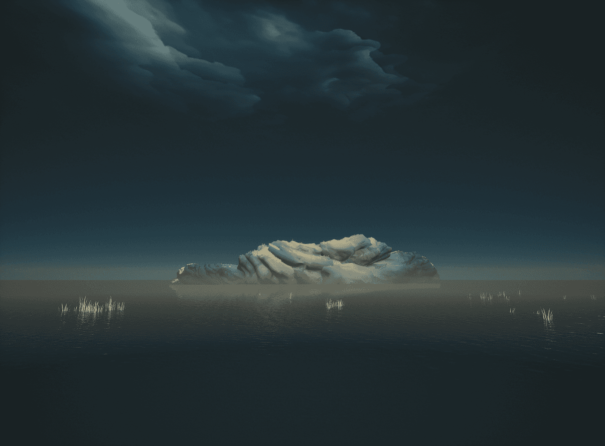 Final Ilythis environment at night, with the island illuminated beneath a dark clouded sky and surrounded by water.