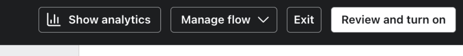 Review and Test Your Flow: Klaviyo's flow setup interface with options to show analytics, manage the flow, and review before turning it live