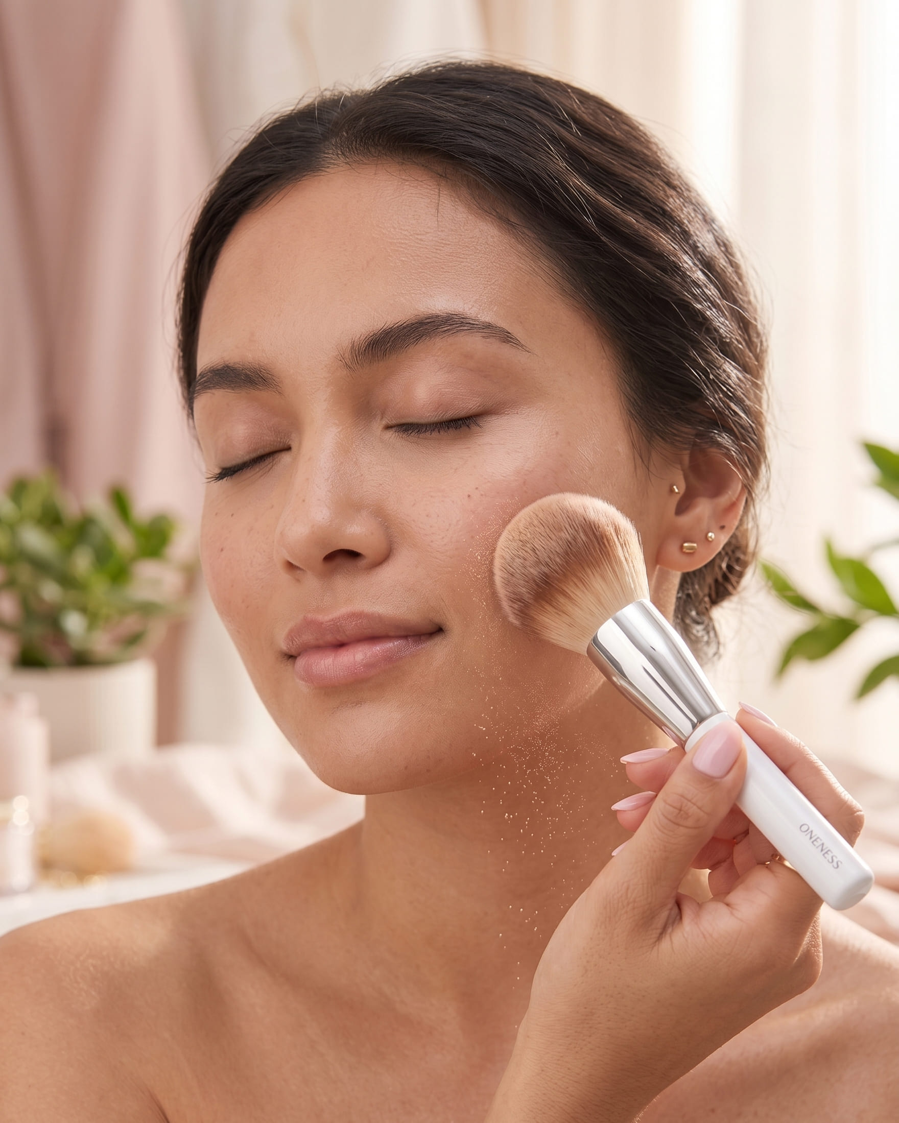 Using the Hydrating sheer powder and the powder brush to apply on skin