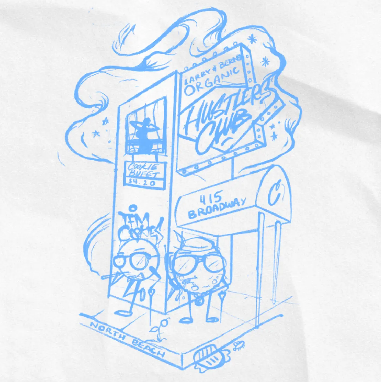 Sketch of personified orange and cookie characters standing in front of a gentlemen’s club, orange smoking, cookie holding duffle bag and phone, silhouette of woman in window.
