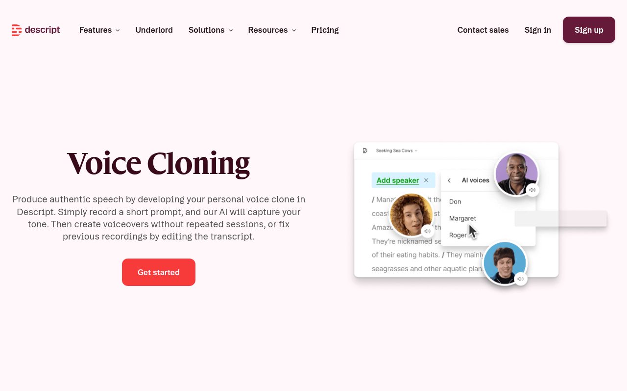 Descript Overdub voice cloning tool interface showing AI voice selection for text-to-speech editing