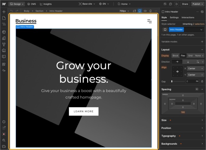 Interfaz del Designer de Webflow con panel de elementos y panel de estilos visibles.