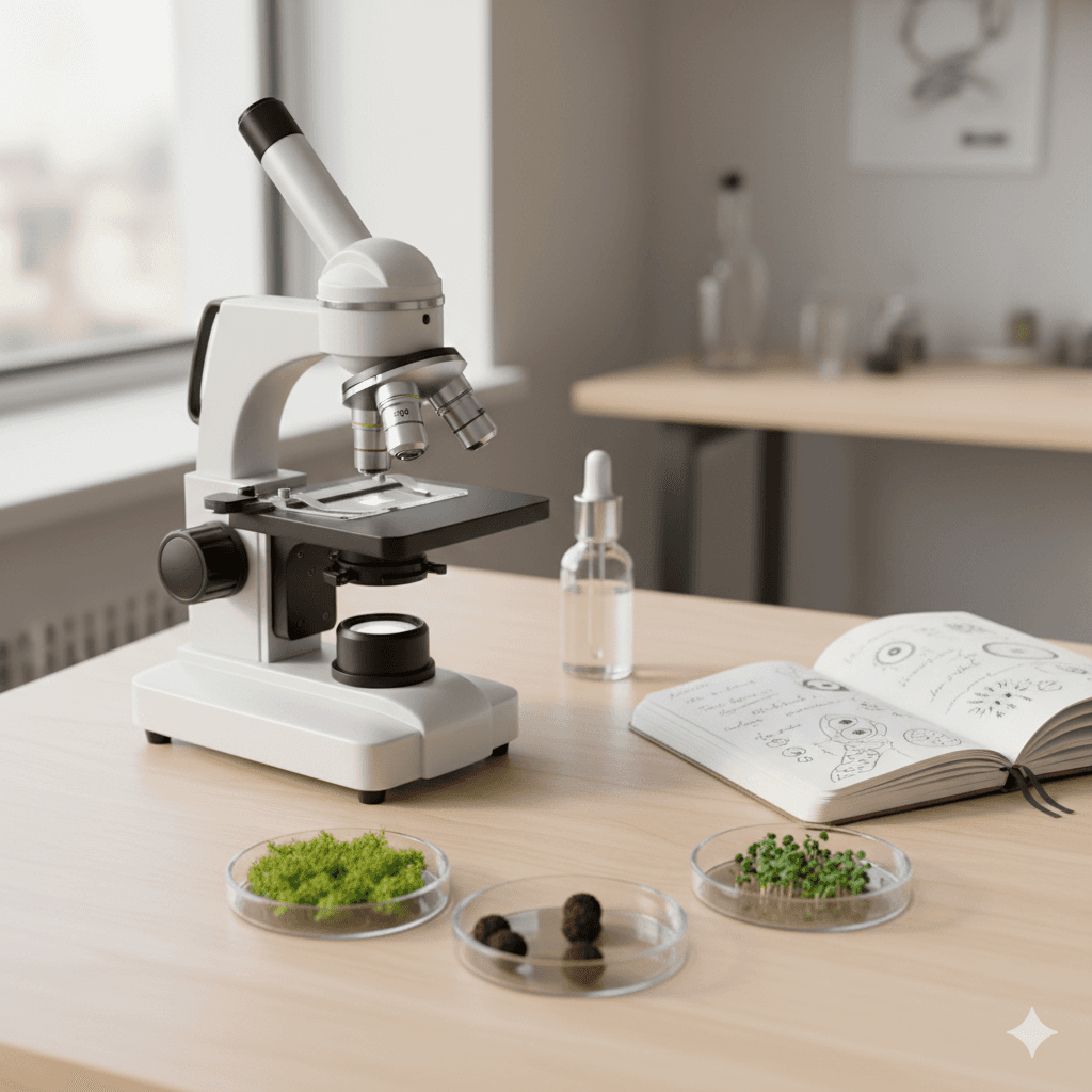 Vue au microscope symbolisant la précision scientifique et l'analyse de la biologie unique pour des recommandations de santé personnalisées.