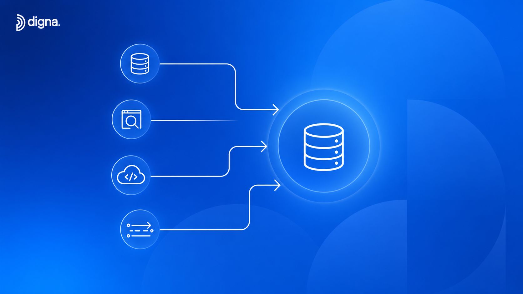 A digital illustration representing data integration from multiple sources into a centralized database system.