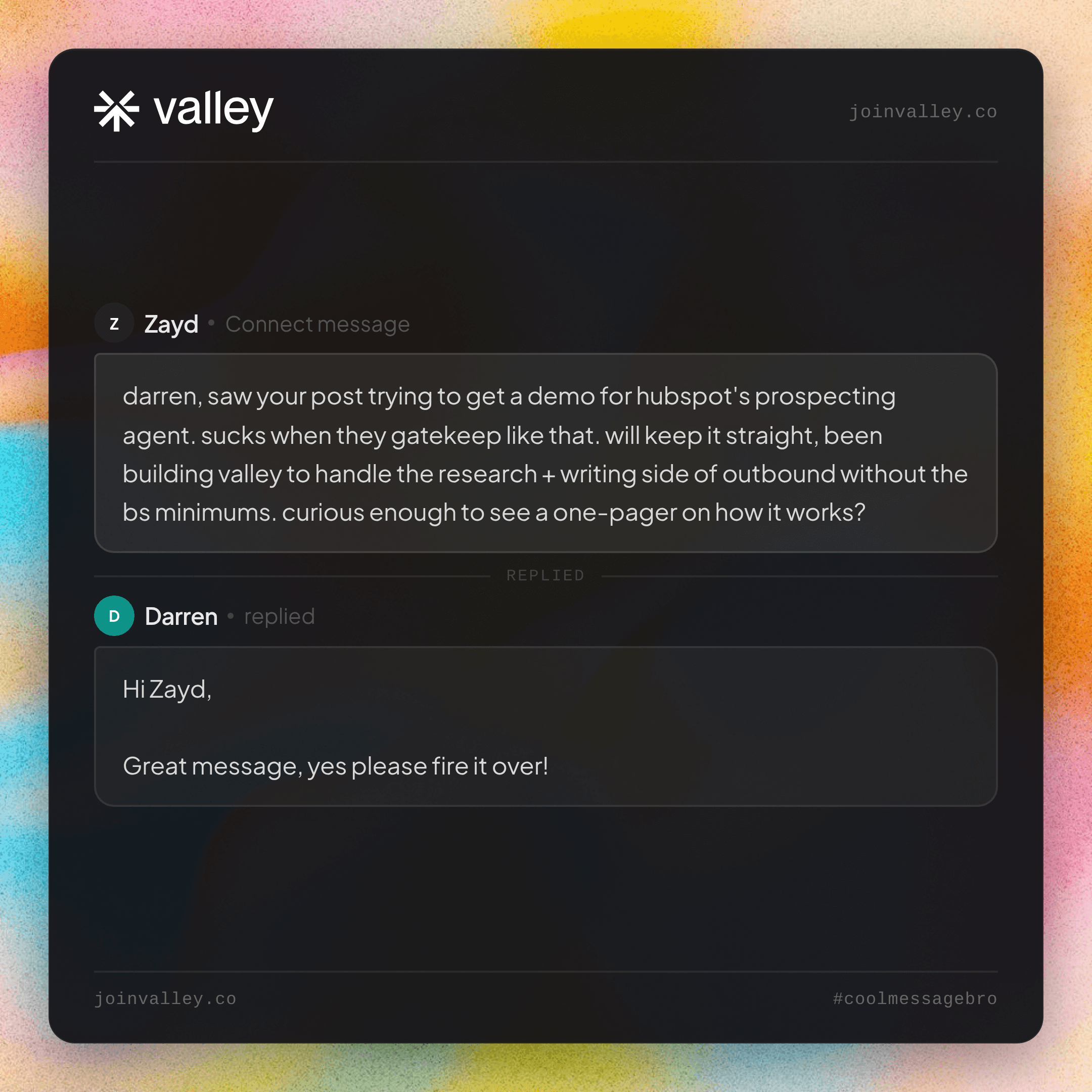 A real message Valley sent and the positive reply it earned (coolmessagebro.com)