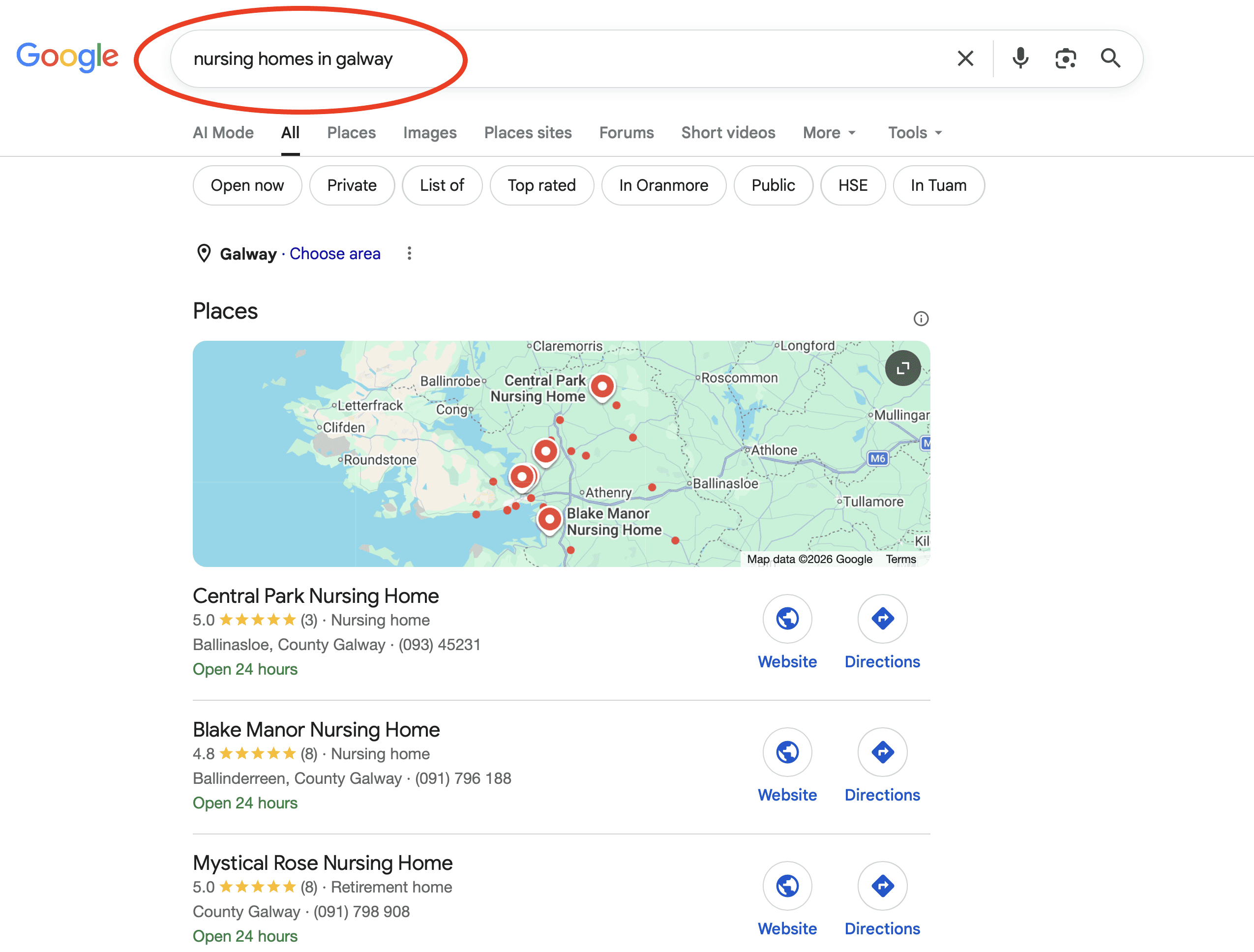 google result for nursing homes in Galway