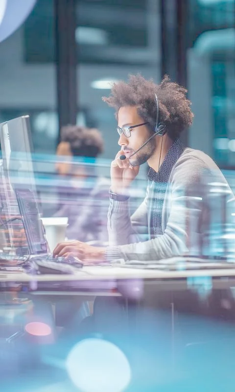 Contact center agent working at a computer with a headset
