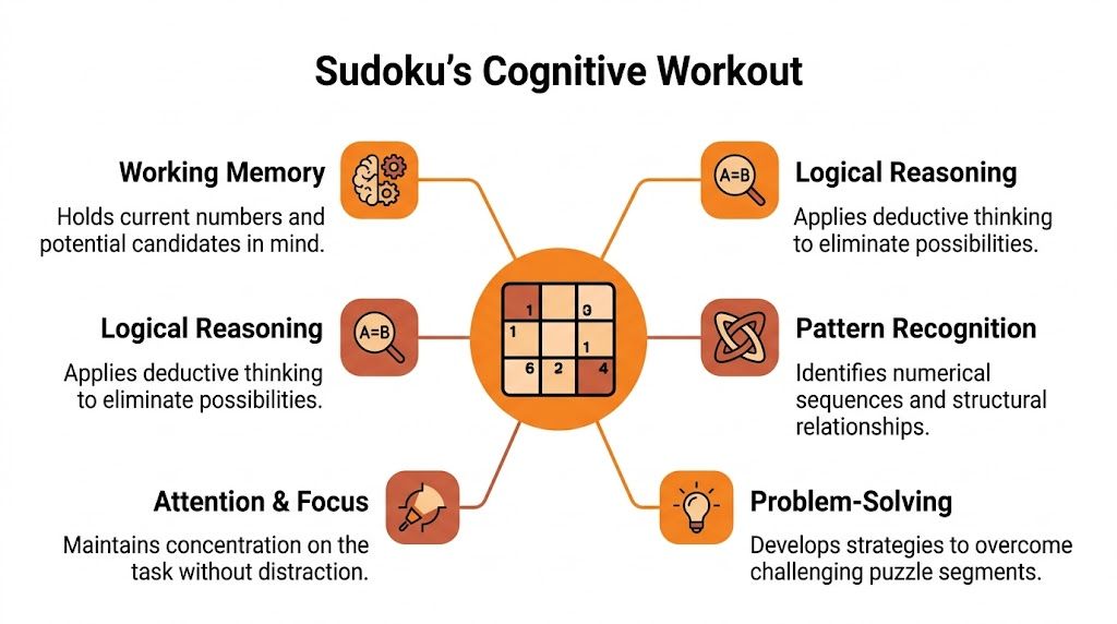 An infographic titled Sudoku's Cognitive Workout showcasing benefits like memory, logical reasoning, pattern recognition, and focus.