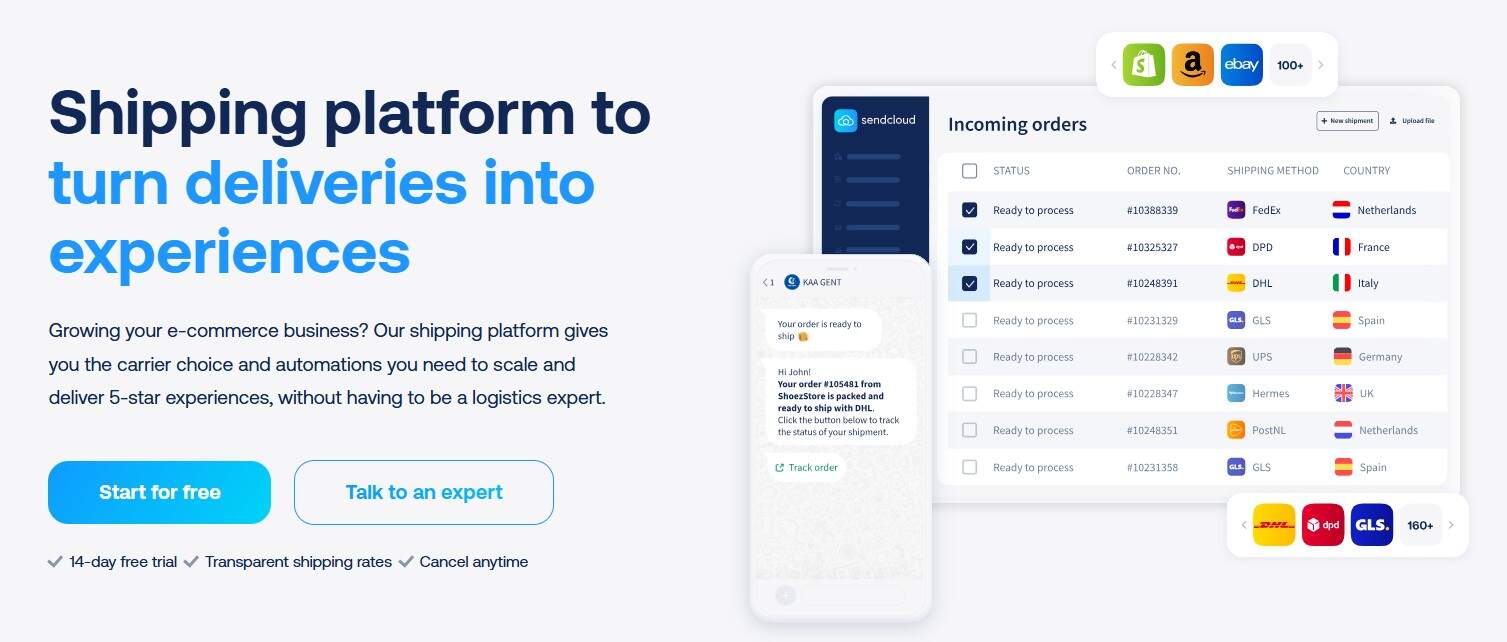 Screenshot of Sendcloud homepage