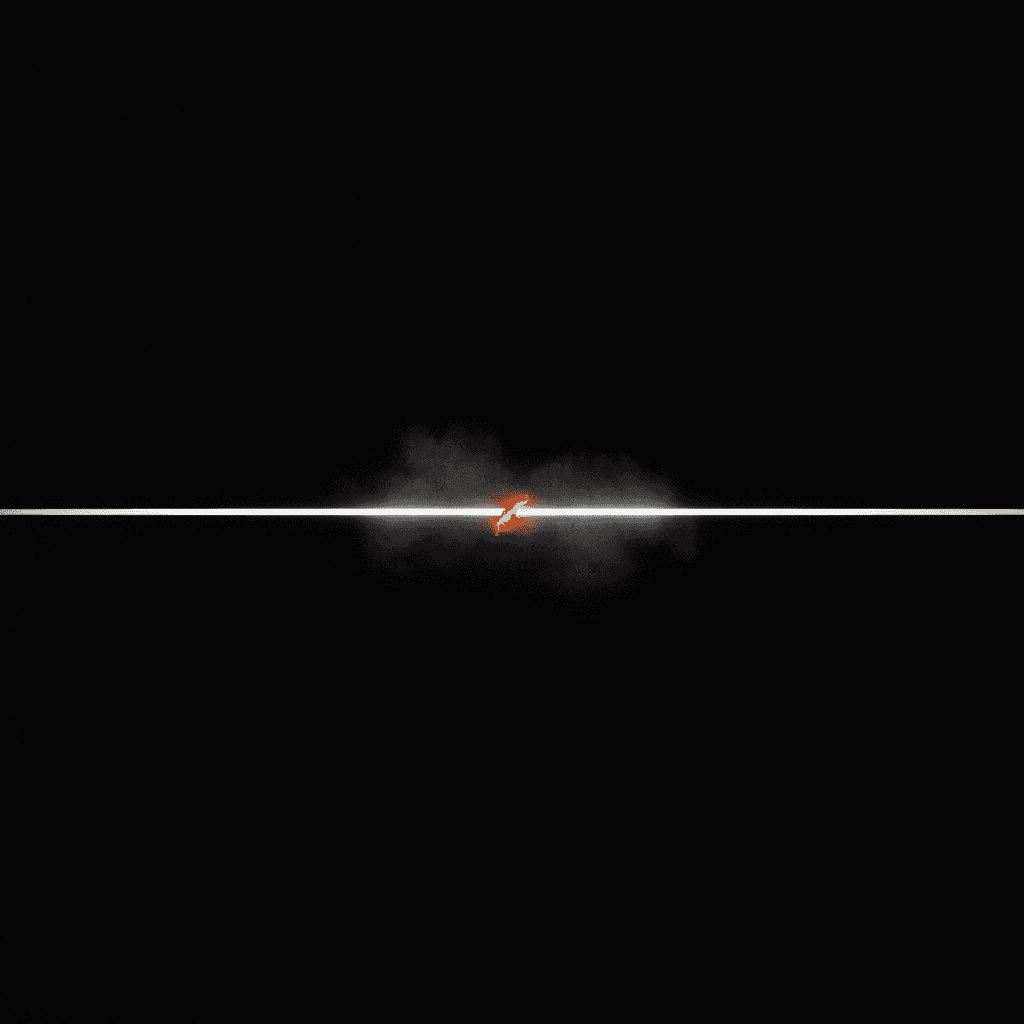 Single thin line of cool light broken at center where it glows orange against deep black void