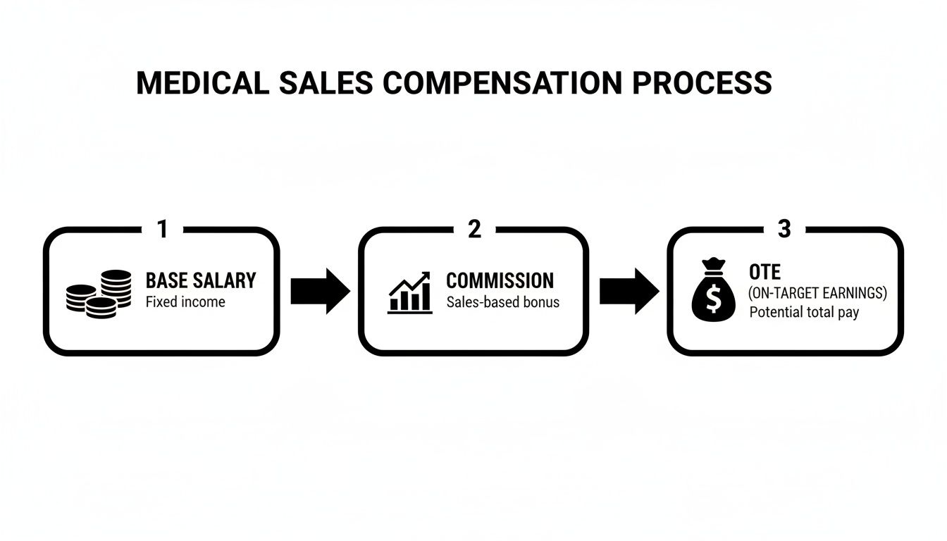 A clear diagram outlining the medical sales compensation process: base salary, commission, and on-target earnings.