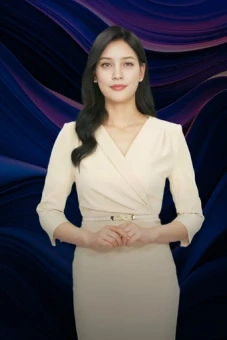 AI 스튜디오에서 추상적인 배경 앞에 서 있는 여성 AI 아바타