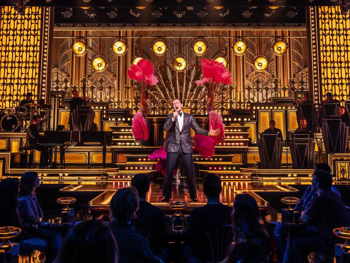 Cast performing in Just In Time, a new Broadway musical in New York