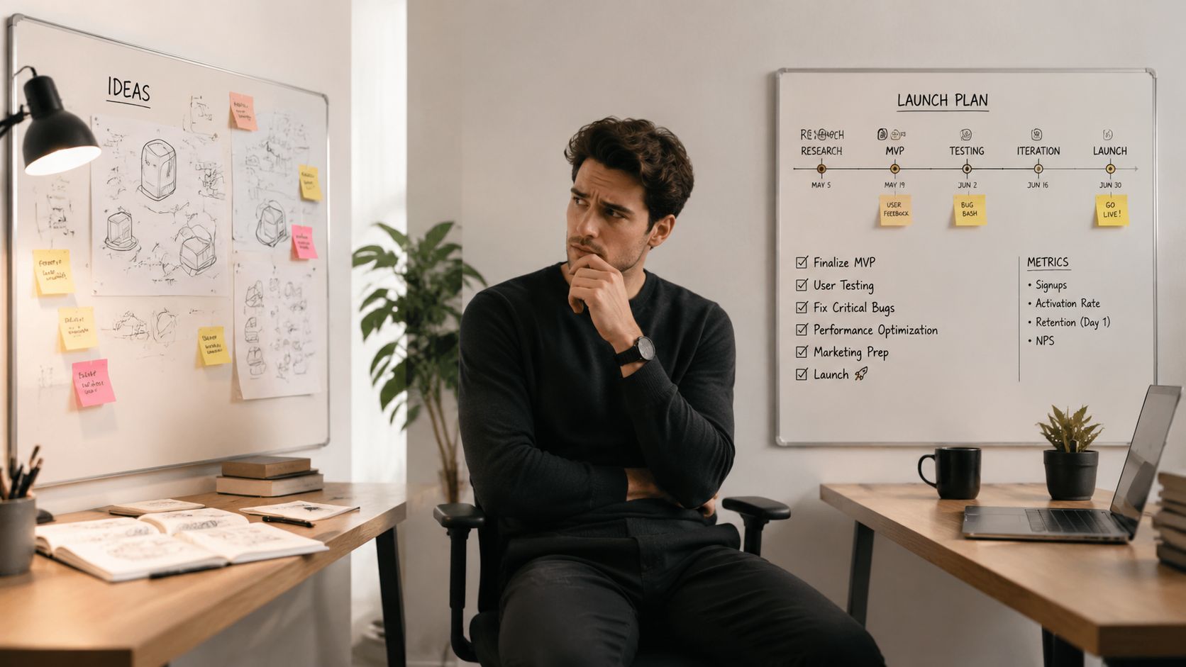 A thoughtful project manager sitting in an office, surrounded by planning whiteboards for product launch tasks.