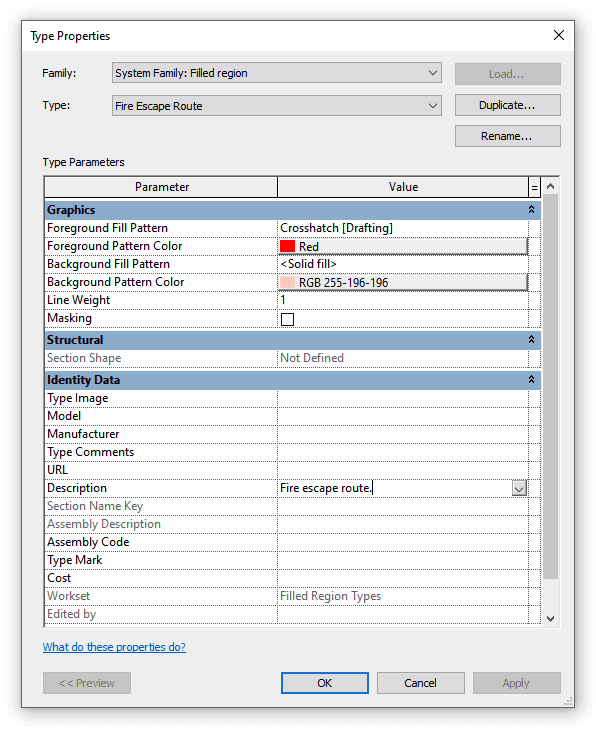 Filled Region type properties. Graphics section contains parameters responsible for region's appearance.
